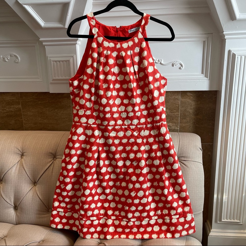 ELIZA J Red Orange Polka Dot Poppy Print Stretch Fit Flare Dress 16
